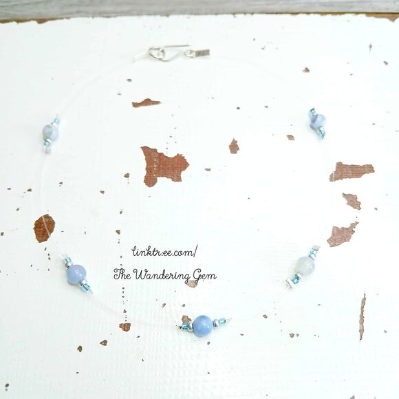 Floating Agate Gemstone Choker Necklace, Blue Lace Agate, 14" - Picture 2 of 4